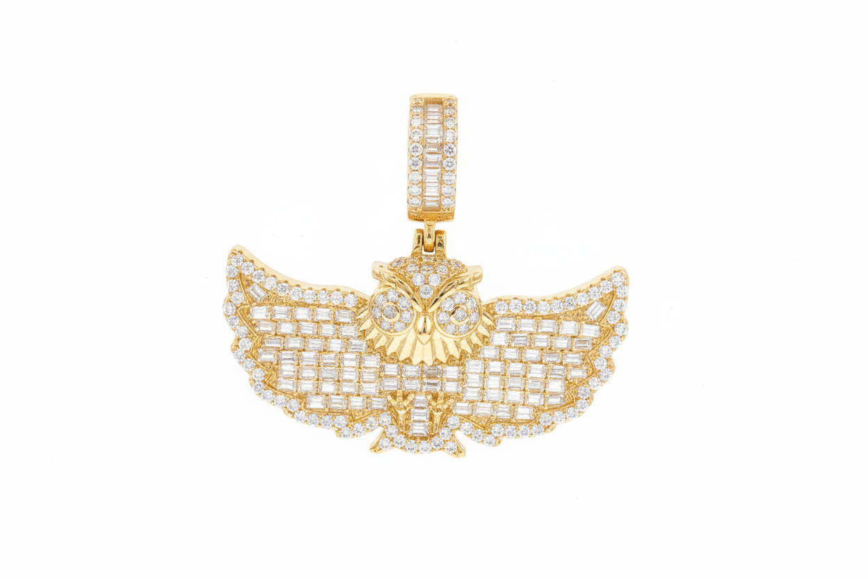 Premium owl pendant featuring sparkling VVS moissanite stones
