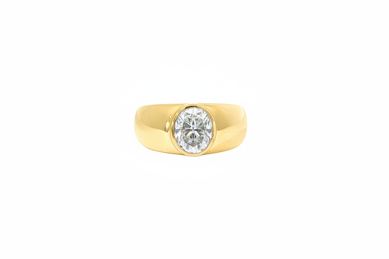 Sterling silver thick band ring with oval-cut moissanite