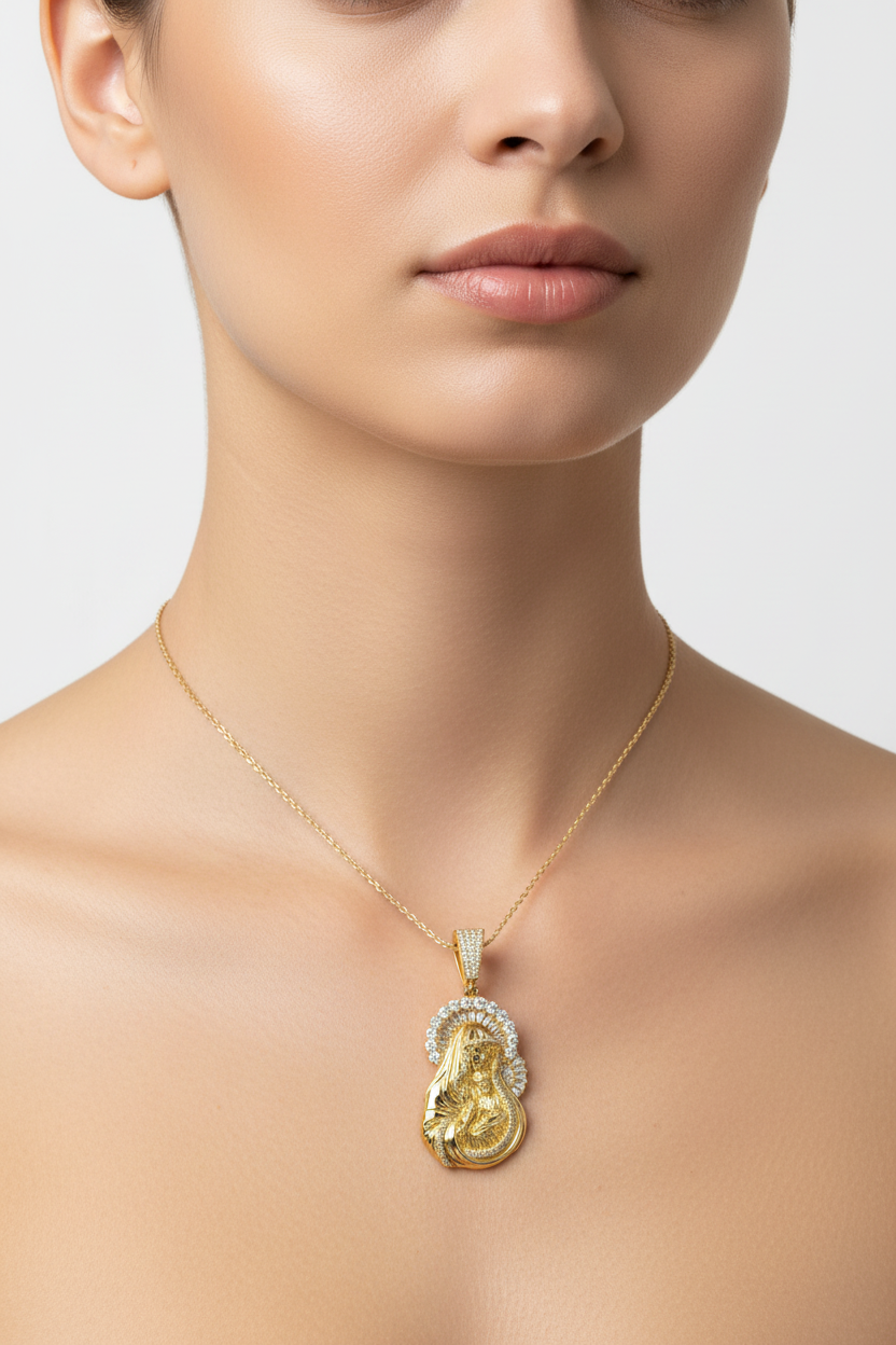 Model Wearing Virgin Mary and Baby Jesus religious pendant