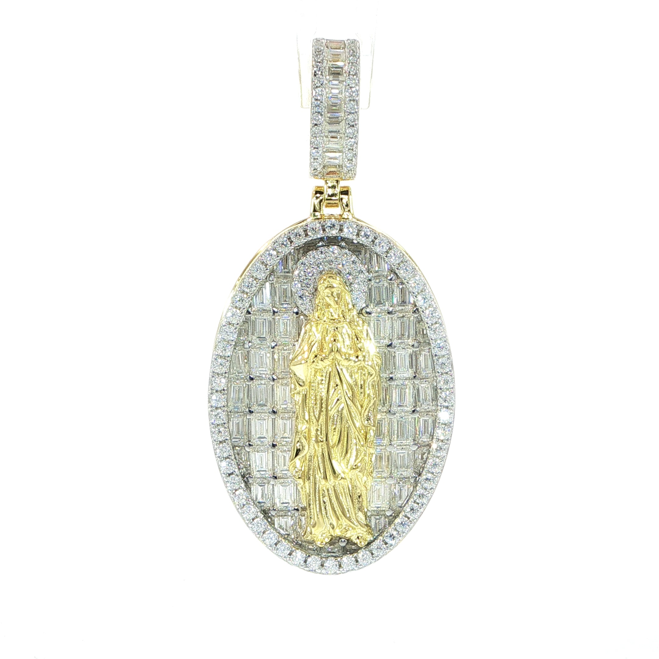 Sterling silver Virgin Mary pendant featuring baguette and round moissanite stones