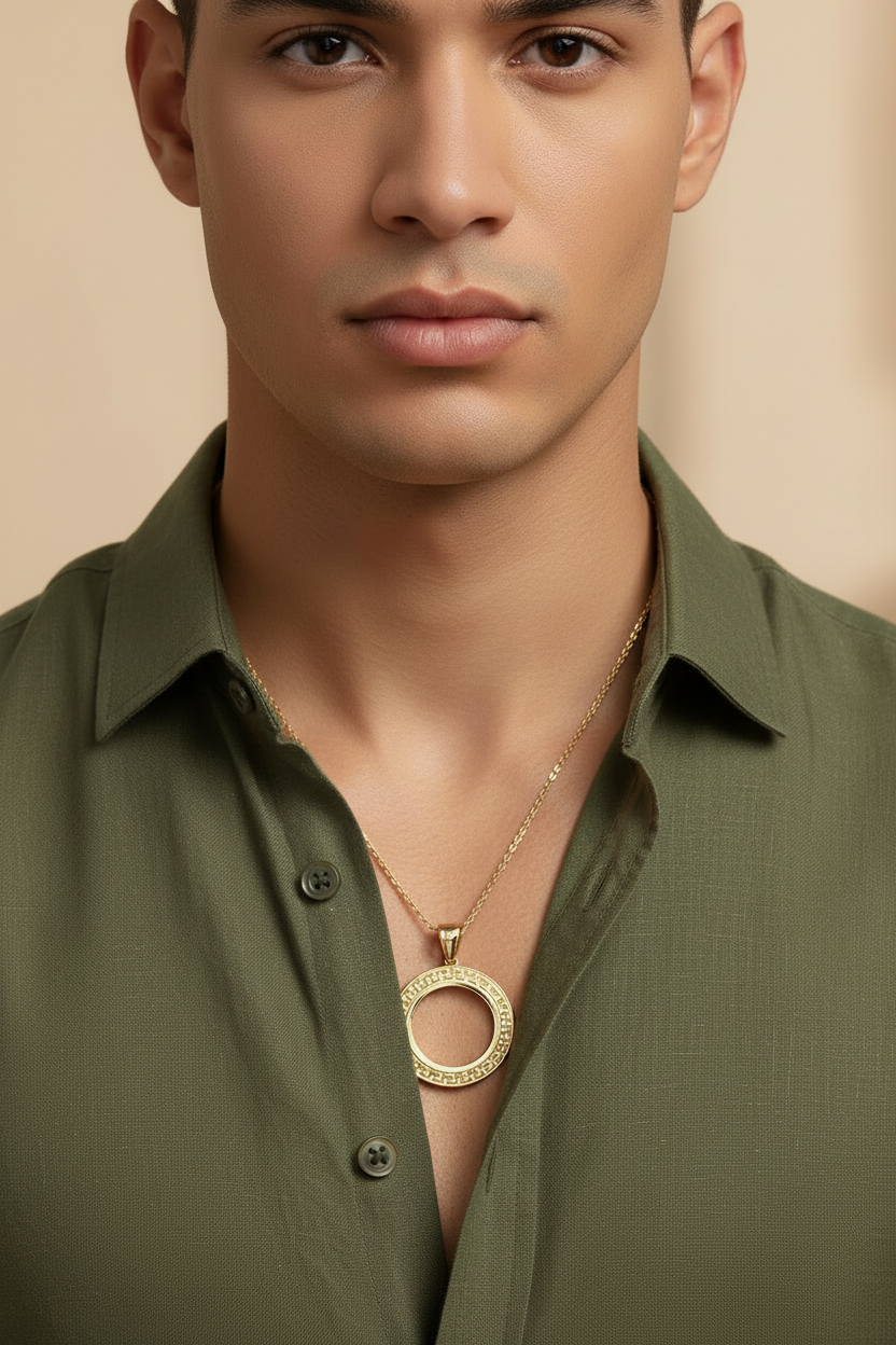 Round Greek Key photo frame pendant in 14K yellow gold