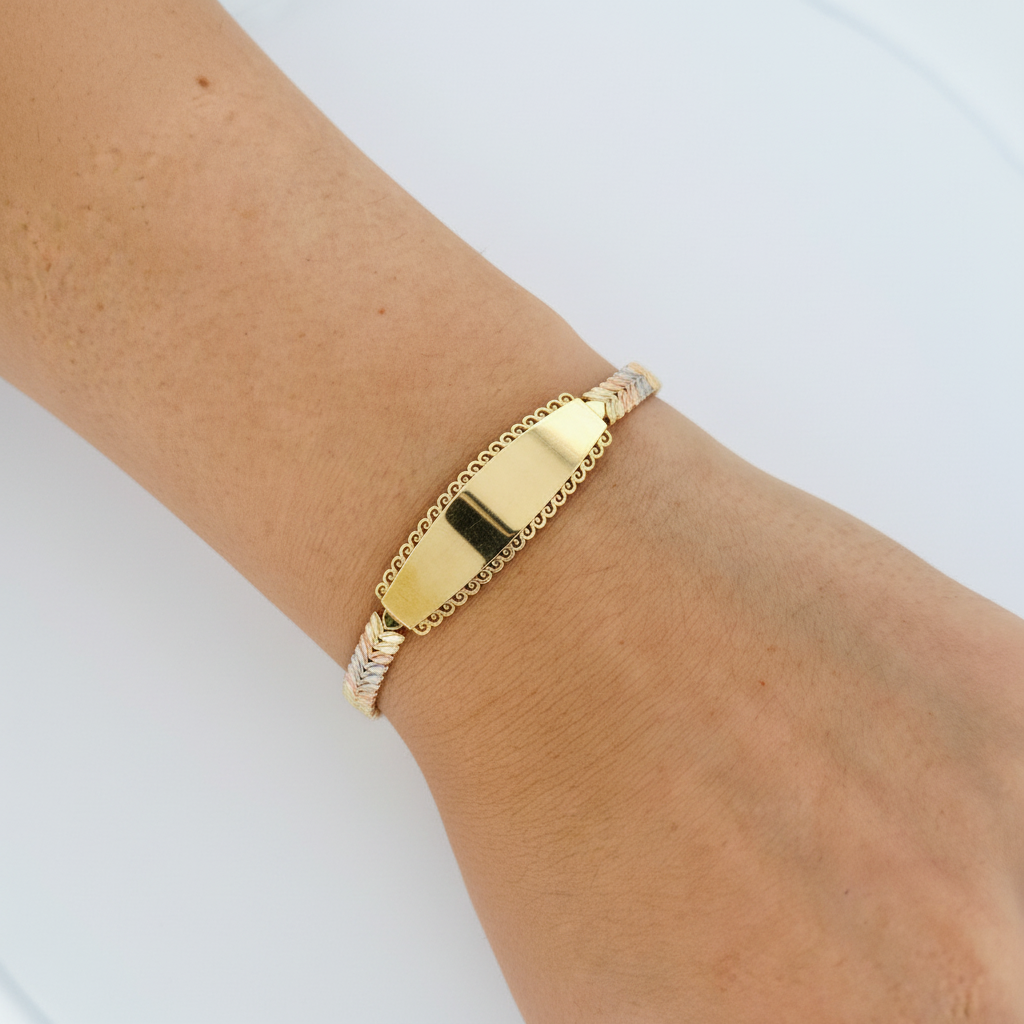 10K tri-color gold diamond-cut leaf pattern engravable ID bracelet
