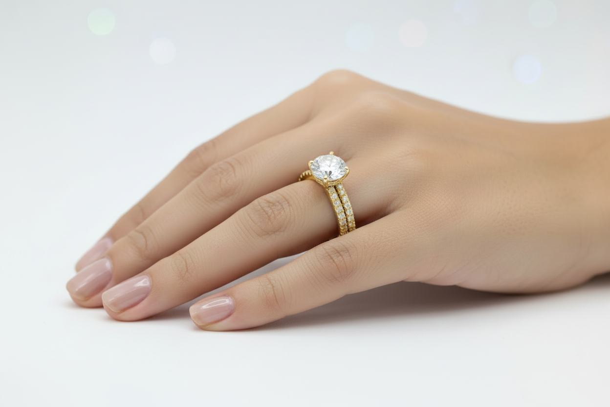 Model wearing double band engagement ring with round center