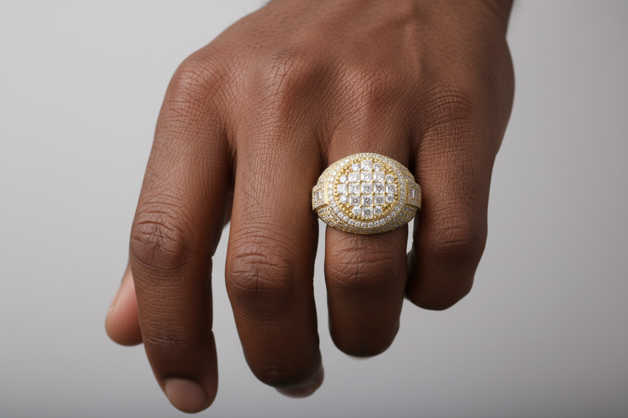 Bold fashion ring with invisible-set princess moissanite center cluster