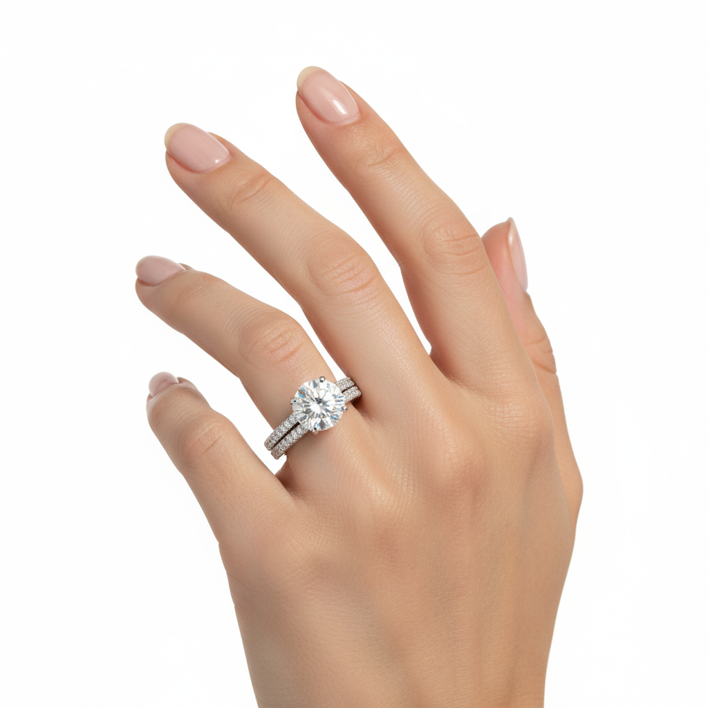 Round 4 carat moissanite engagement ring in sterling silver with pavé double band