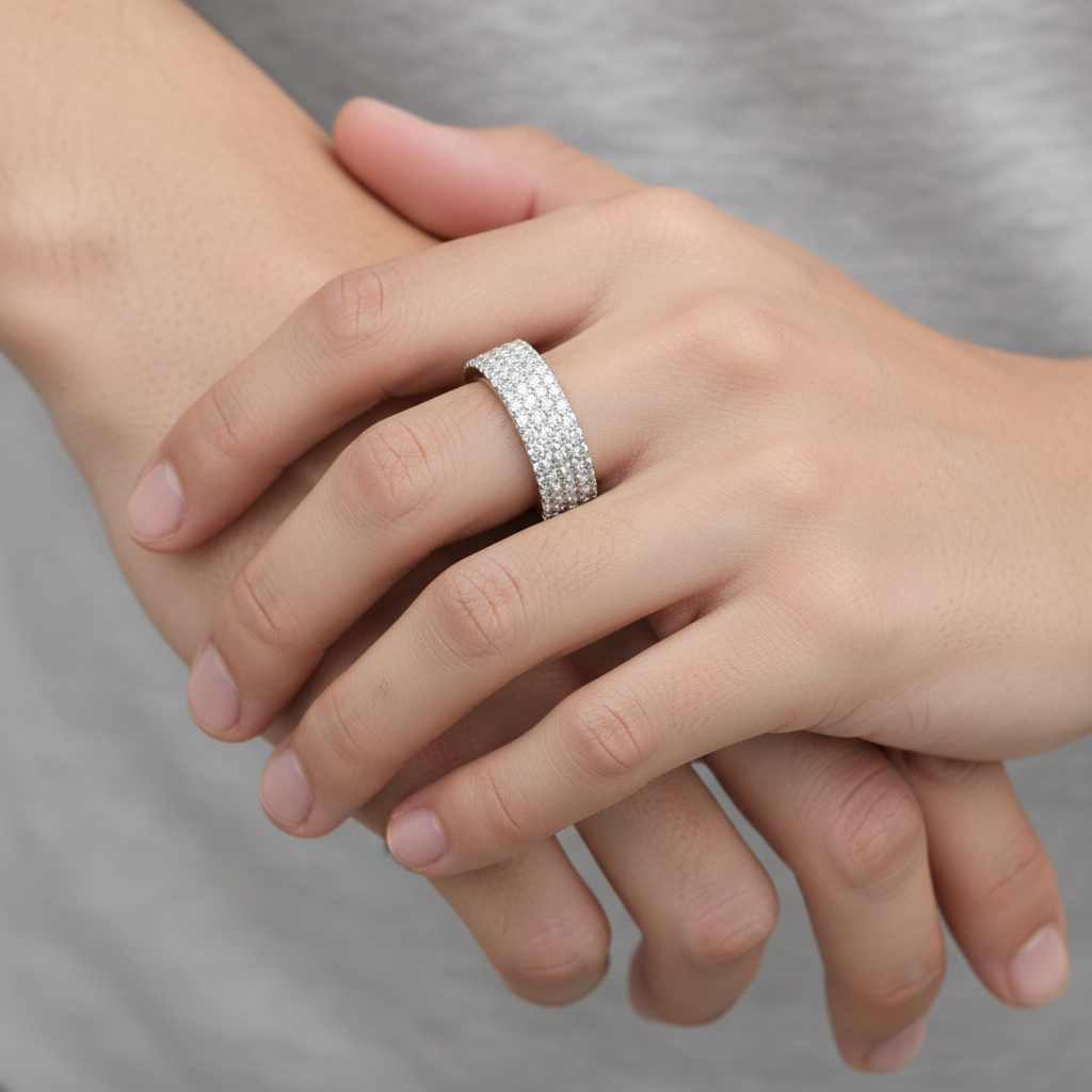 Sterling silver 3/4 eternity pave band ring with VVS moissanite stones