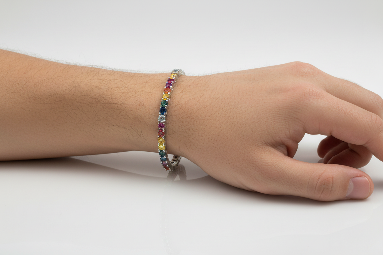 Model wearing 3MM multi-colored moissanite tennis bracelet