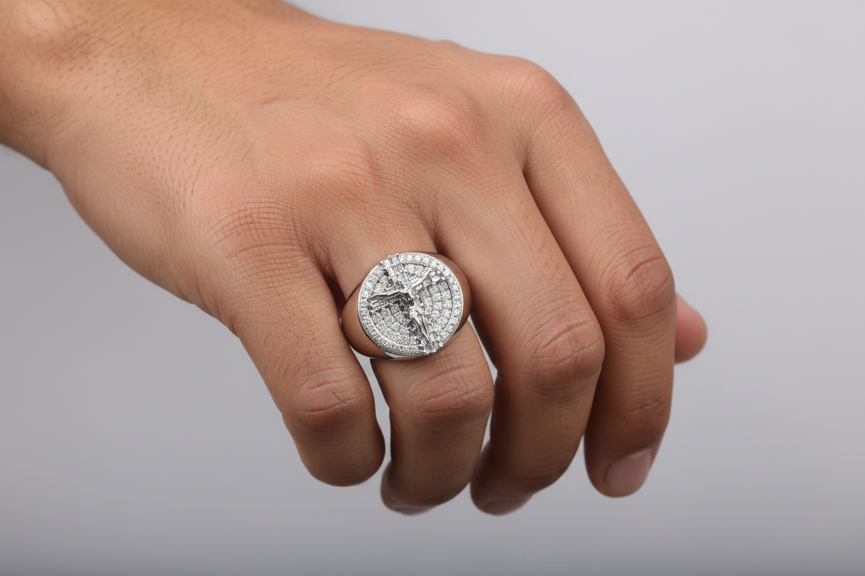 Model wearing 925 sterling silver religious ring featuring a crucifix design
