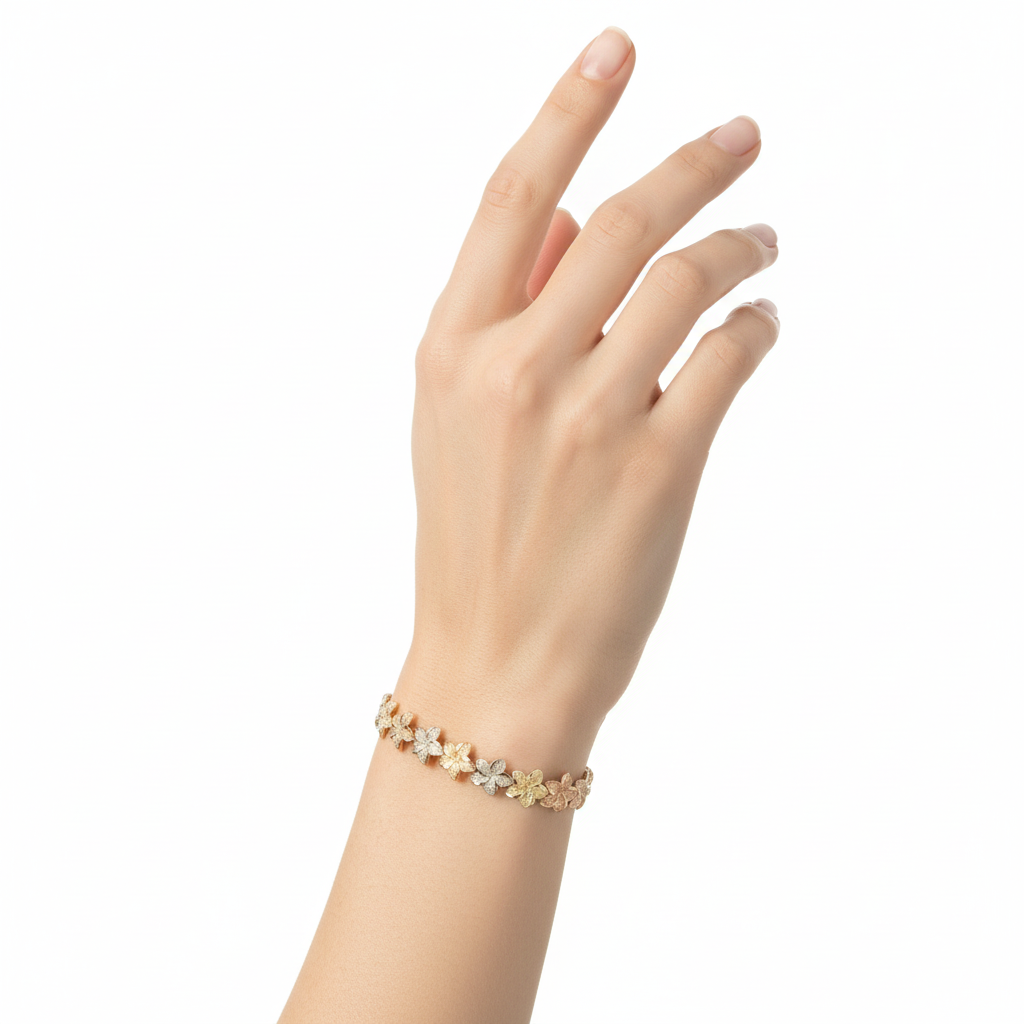 Women's 14K gold Hawaiian Plumeria flower bracelet in yellow, white, and rose gold