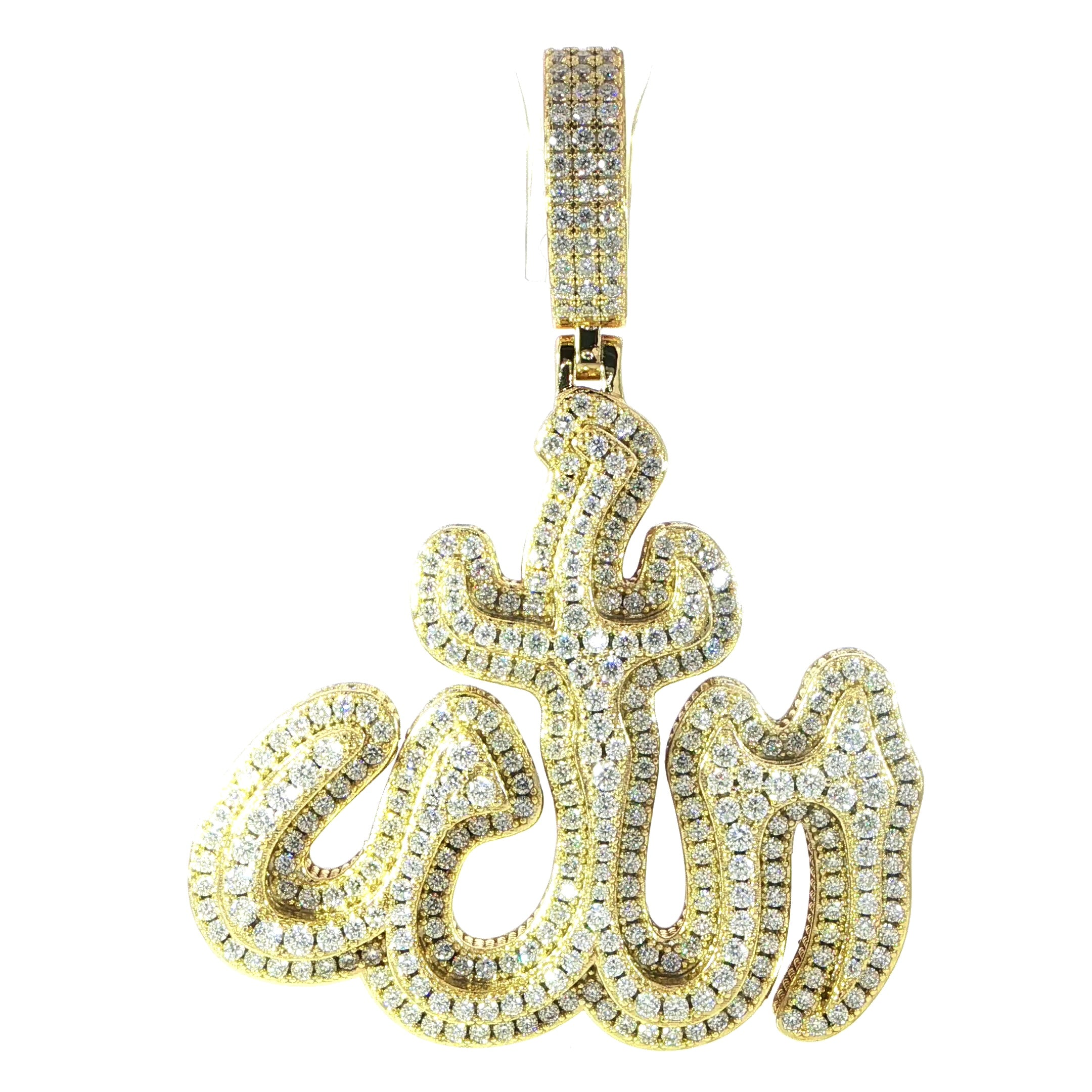 Front view of 925 Sterling Silver VVS Moissanite Iced Out Allah Pendant