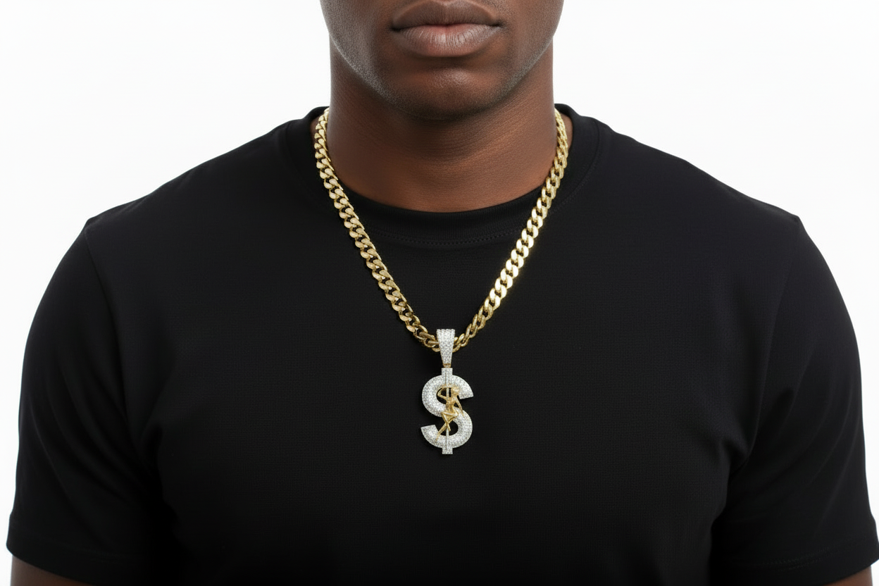 Model wearing sterling silver money pendant with gold-tone exotic dancer detail.