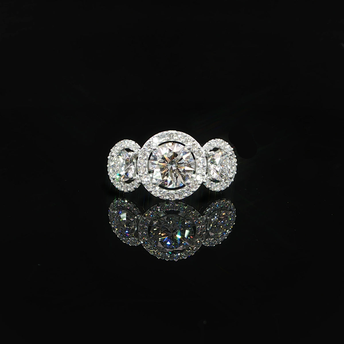 Close-up of the diamond halos on a 2.96 CTW lab-grown diamond engagement ring.