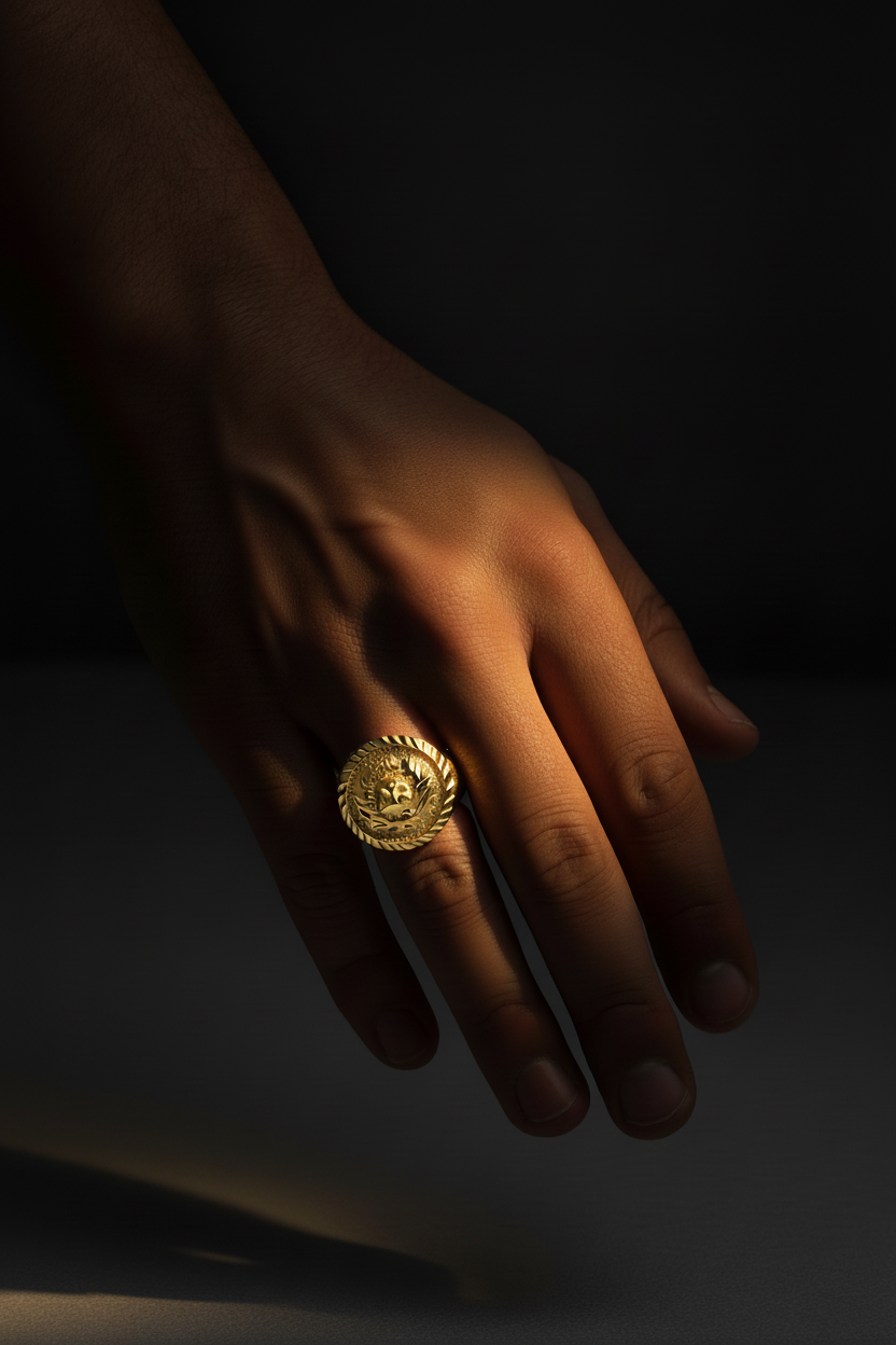Mens Lion Head Gold Ring Hand Model