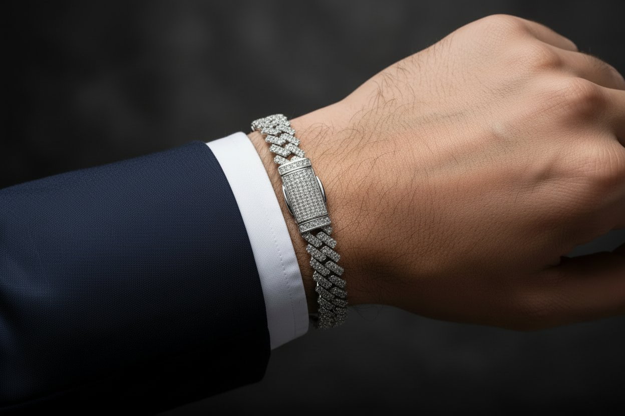 Men's moissanite Cuban link bracelet featuring pavé-set VVS stones and secure box clasp closure.