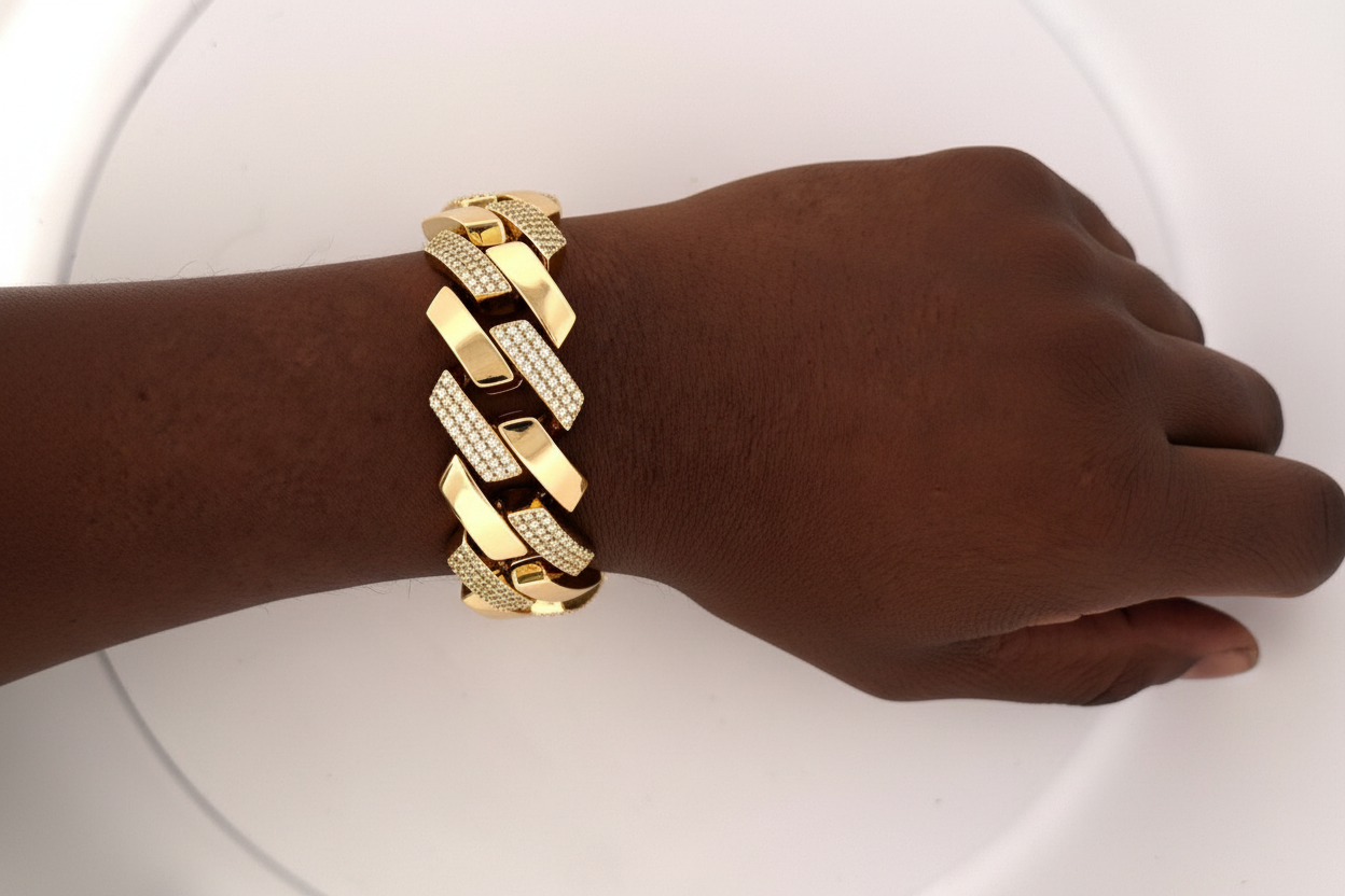 Heavyweight sterling silver Cuban bracelet featuring VVS moissanite accents.