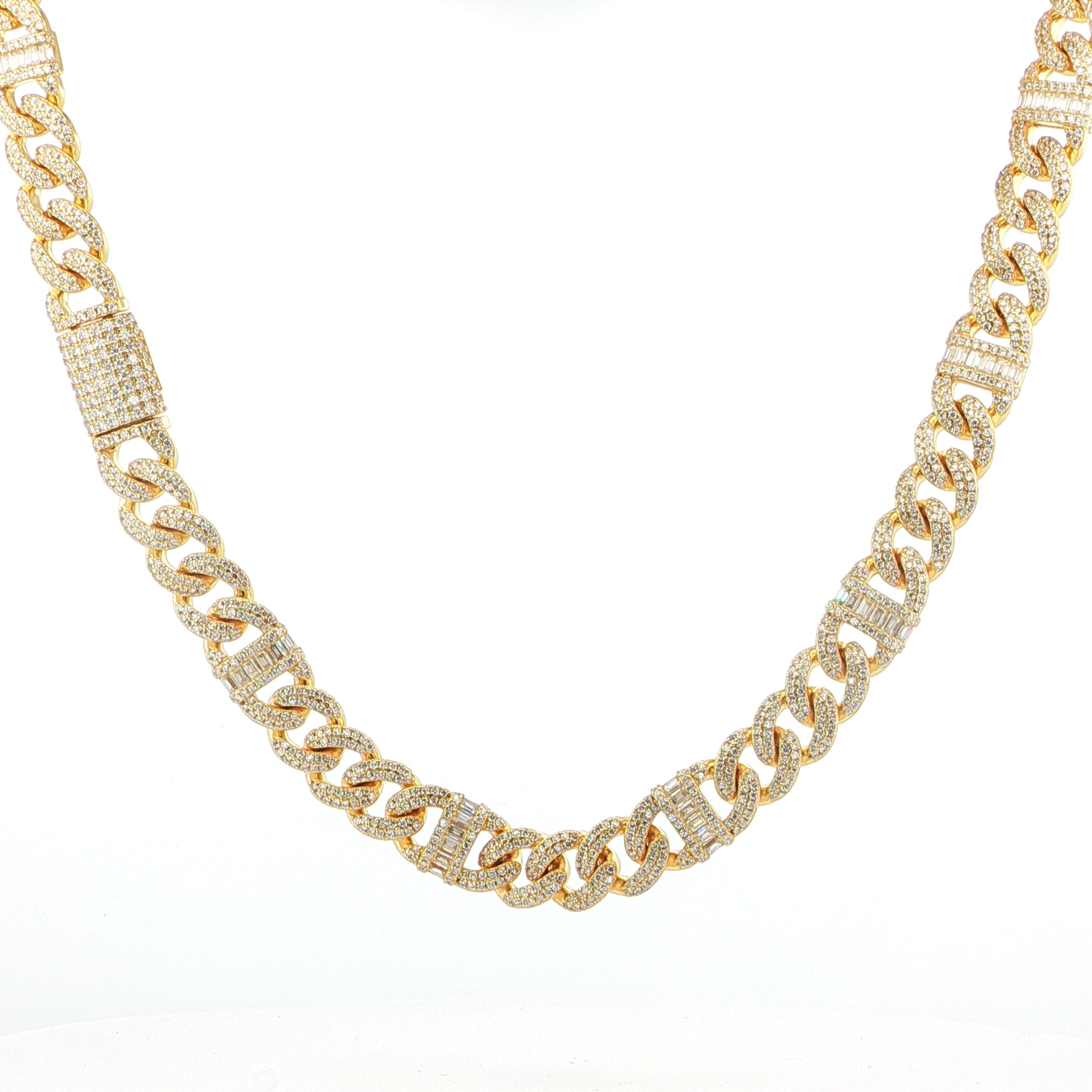 Bold Miami Cuban necklace in Sterling Silver with VVS Moissanite and baguette accents