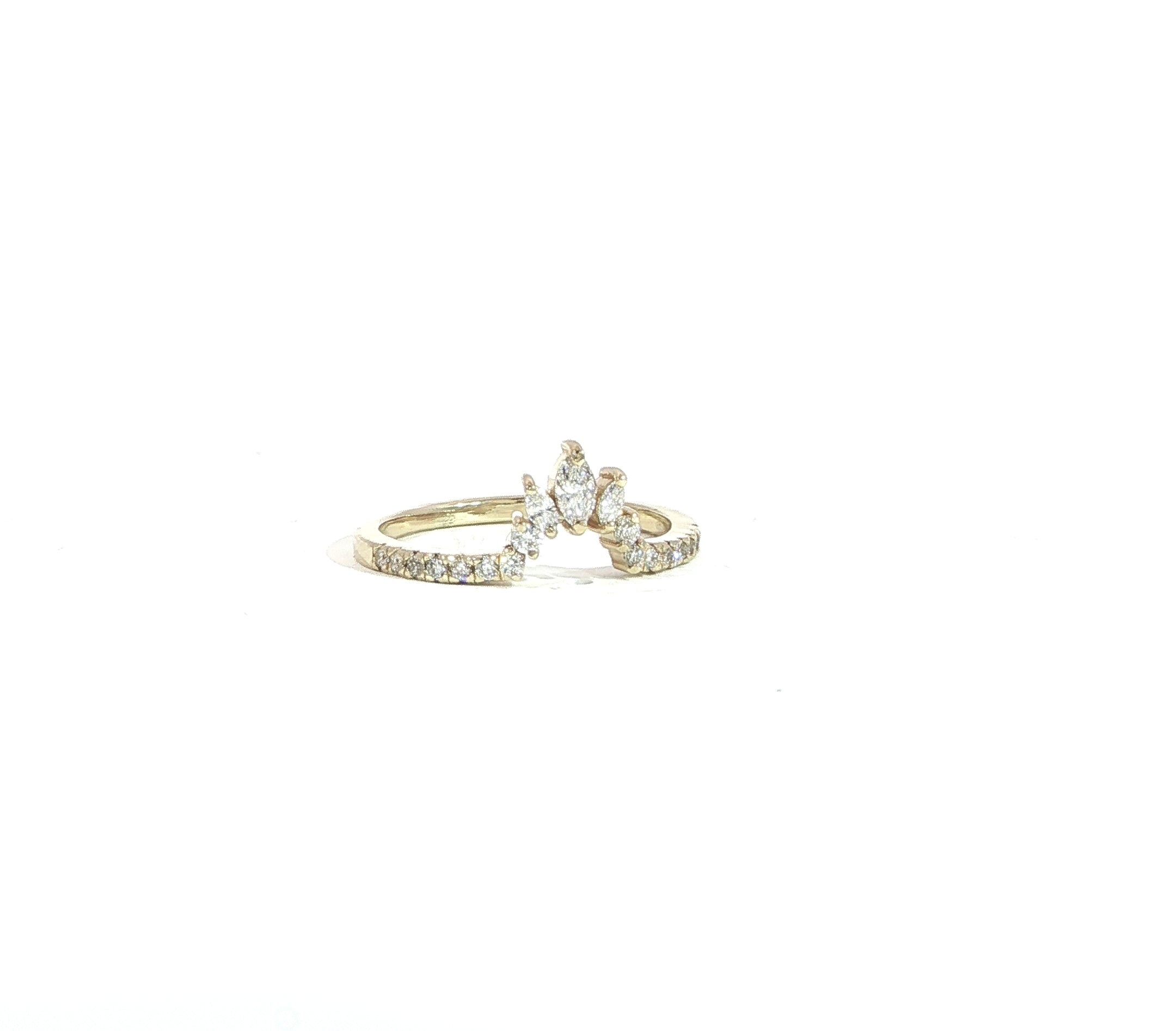 Curved diamond wedding band featuring marquise and round stones