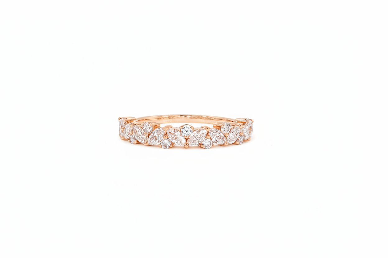 14K rose gold marquise and round diamond band with approximately 0.80 CTW