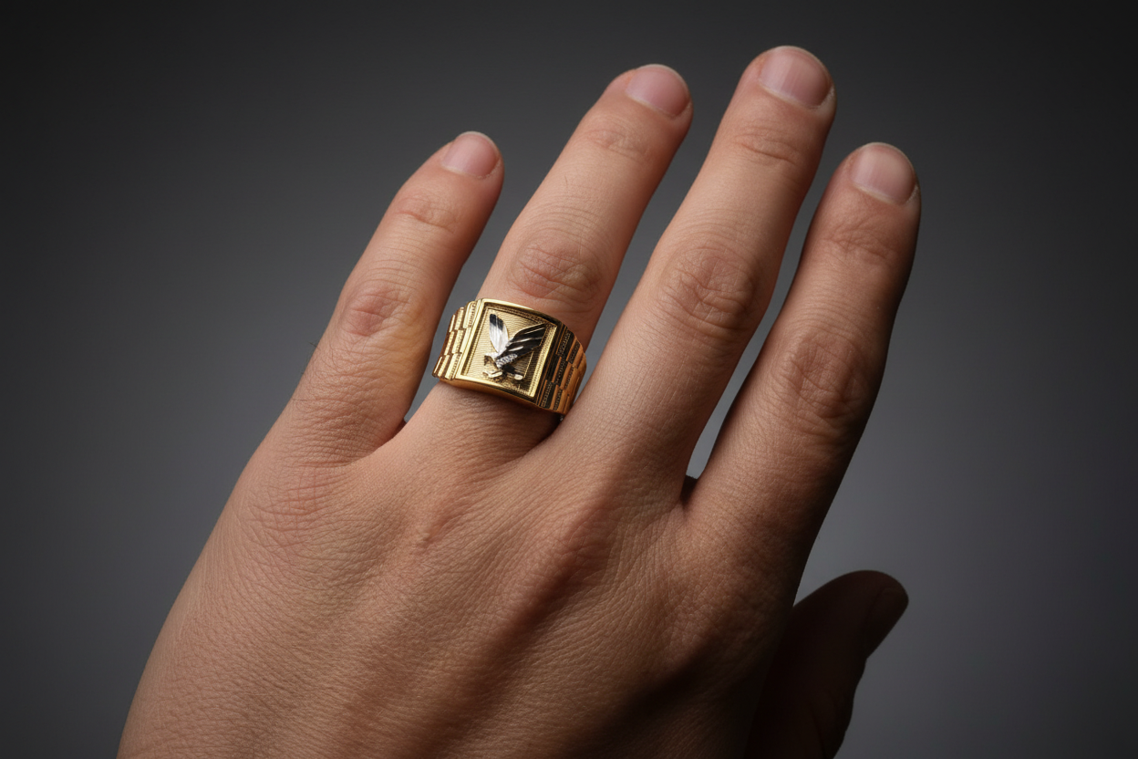 Men’s eagle signet ring in 14K gold on model