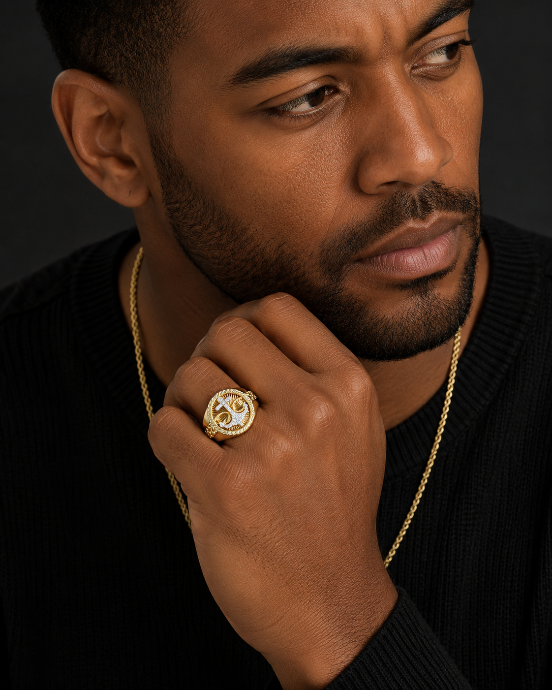 10K yellow gold men's anchor ring featuring natural SI diamonds