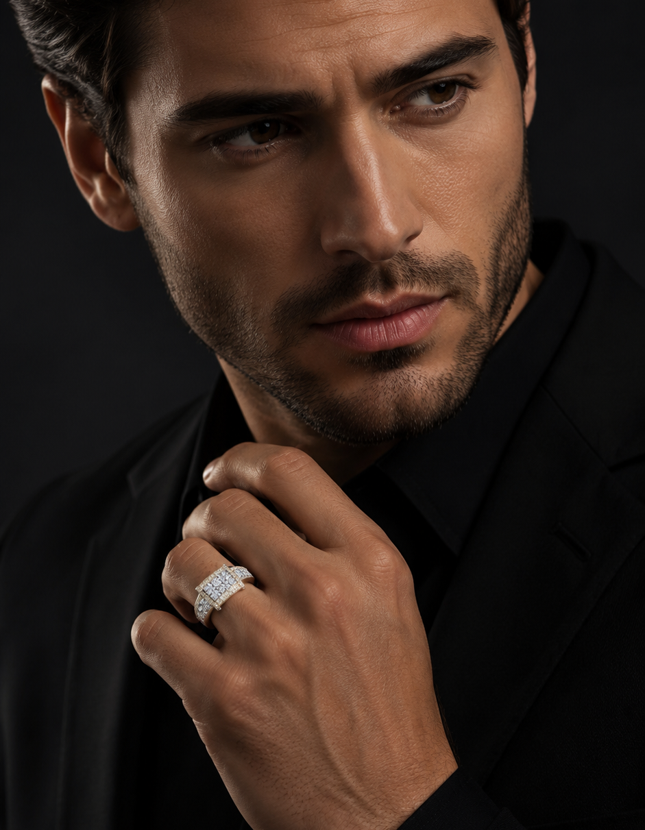 10K yellow gold men's signet ring featuring a rectangular natural diamond cluster