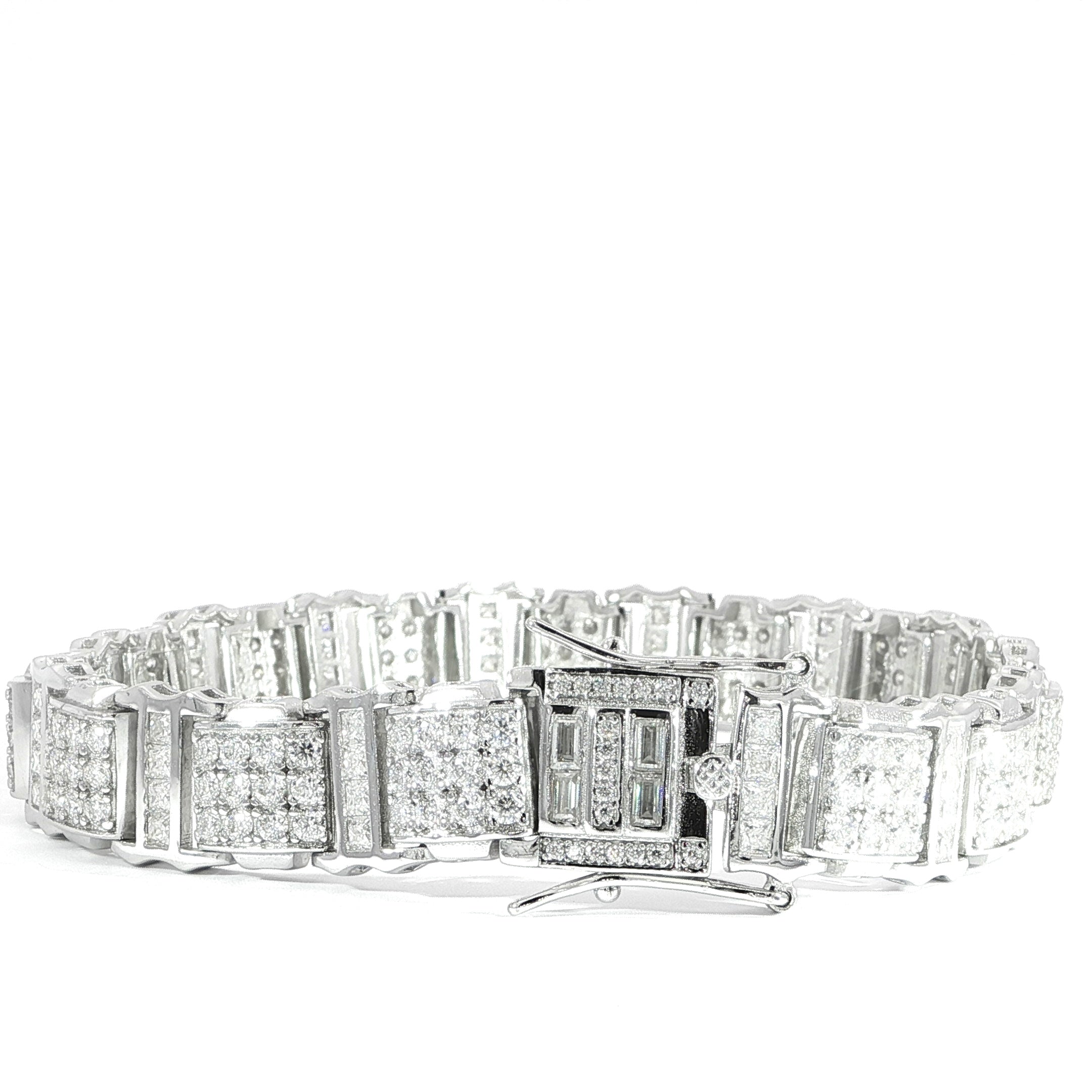 Men's sterling silver square link bracelet with pavé-set VVS moissanite stones and an 11MM profile