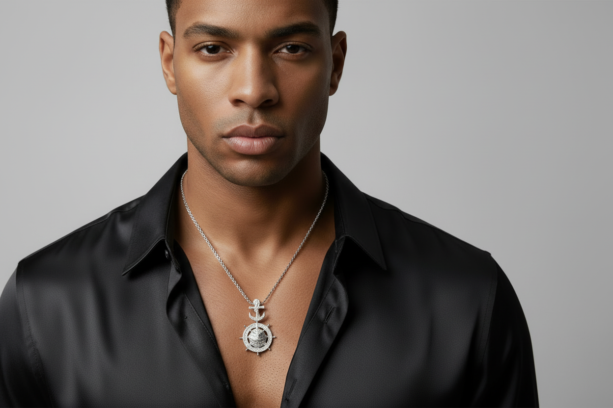 Model wearing VVS moissanite shark statement pendant in 925 sterling silver.