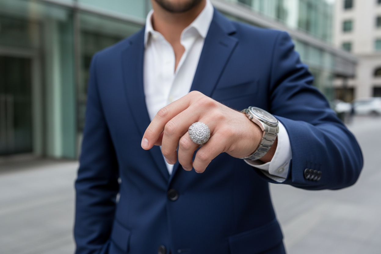 Premium sterling silver ring with layered round stone design
