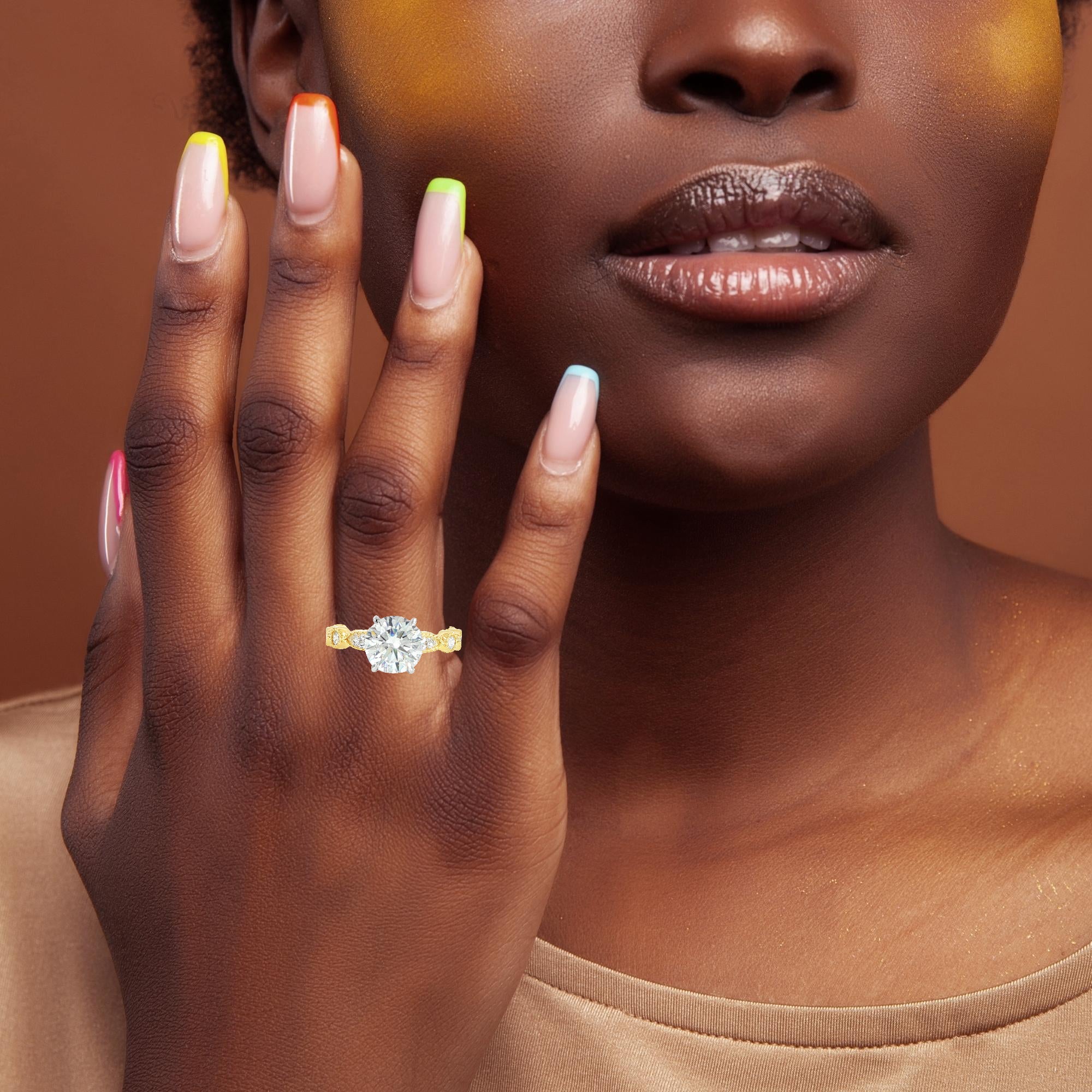 Model wearing timeless gold engagement ring with round center diamond