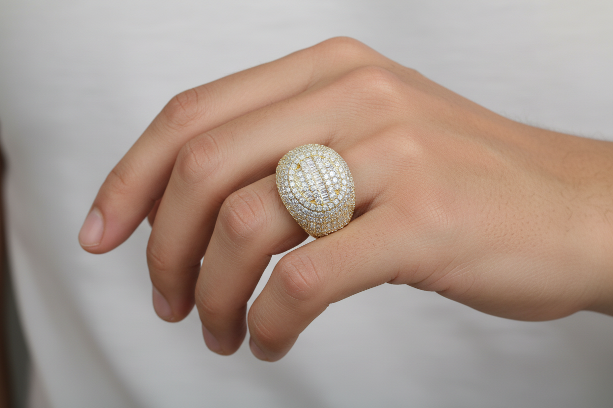 Sterling silver ring with baguette and pavé detailing on hand model