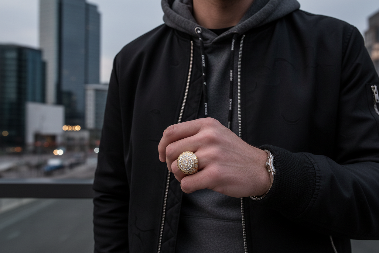 Model wearing iced-out rounded cluster ring crafted in sterling silver