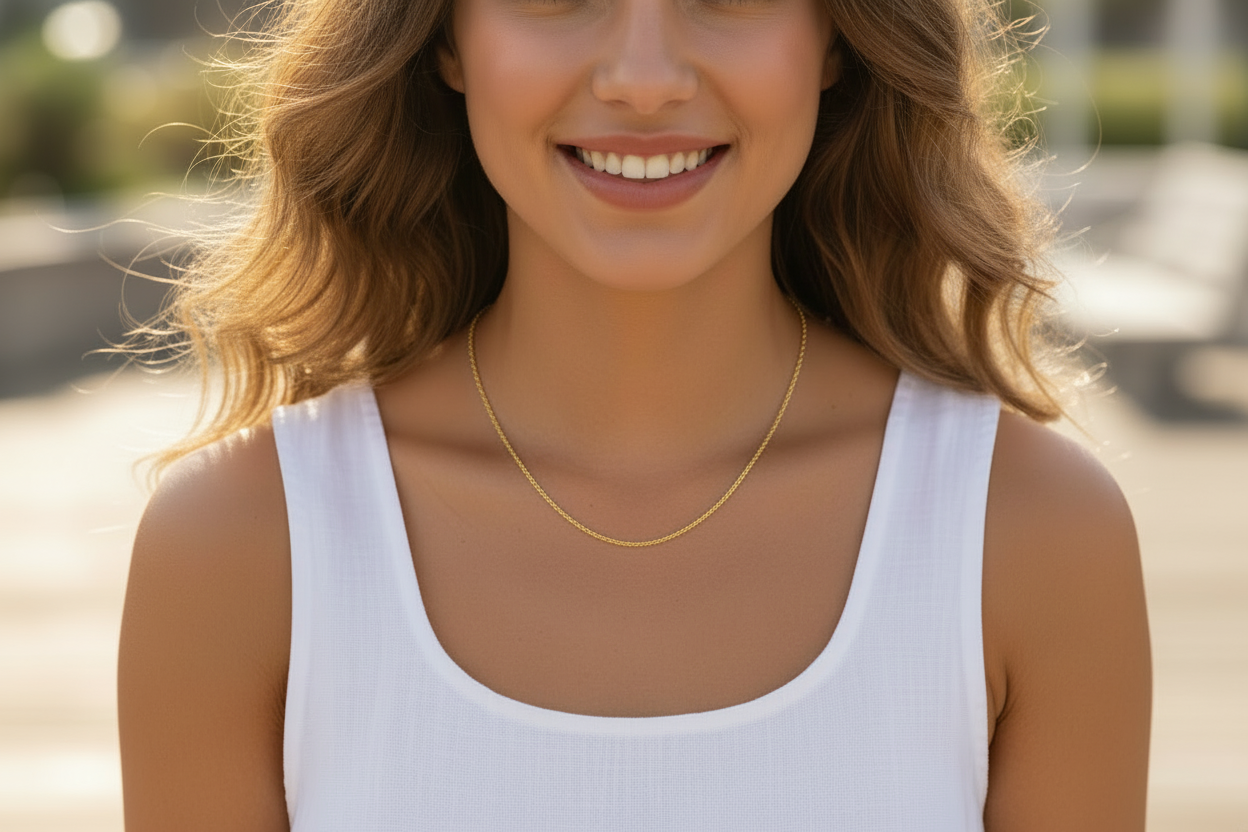 Model Wearing Solid Diamond-Cut Rope Chain Necklace In 10K Yellow Gold.