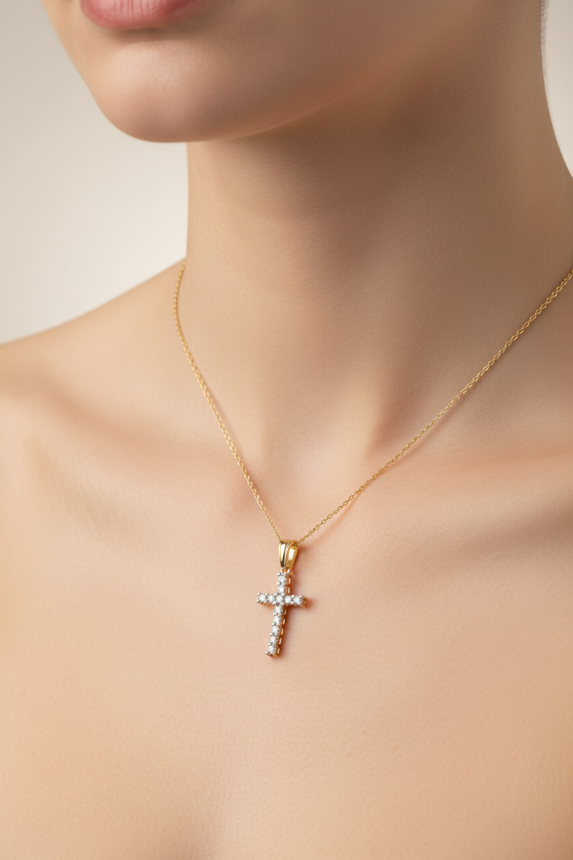 Elegant natural diamond cross pendant crafted in genuine 14K yellow gold.