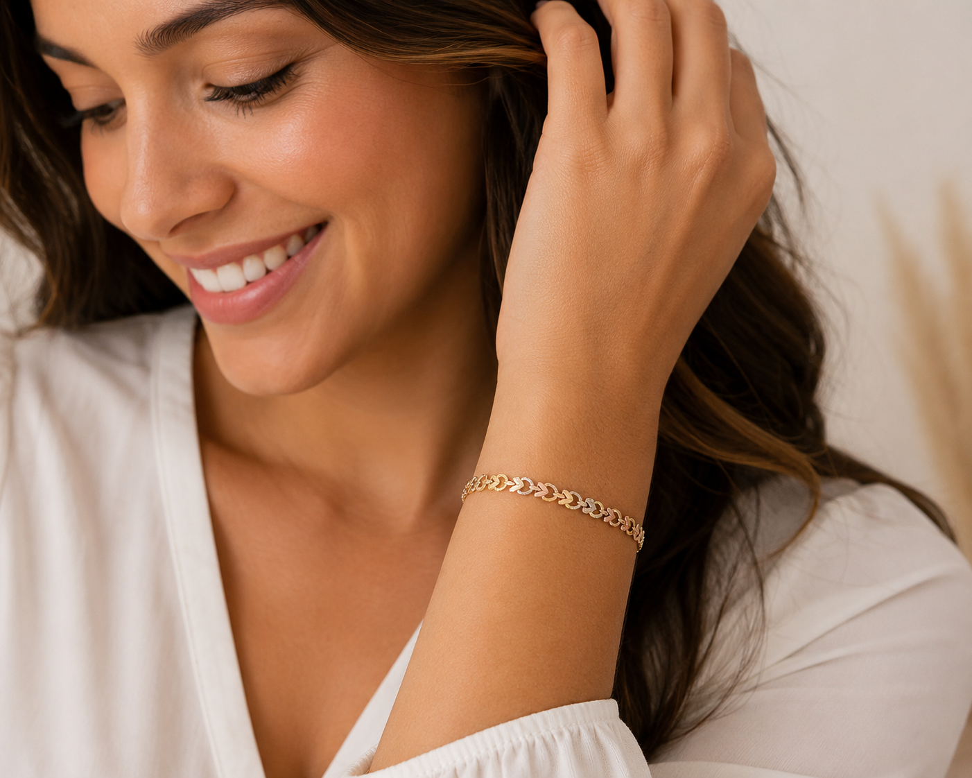 14K tri-color fancy chevron link bracelet in yellow white and rose gold