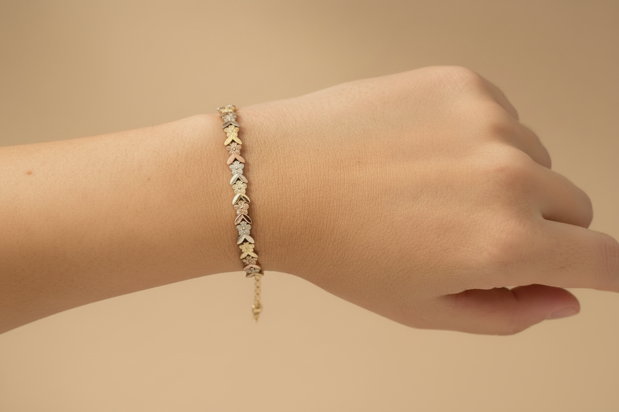 Women's 14K Tri-Color Gold Chevron Link Bracelet with Floral Details