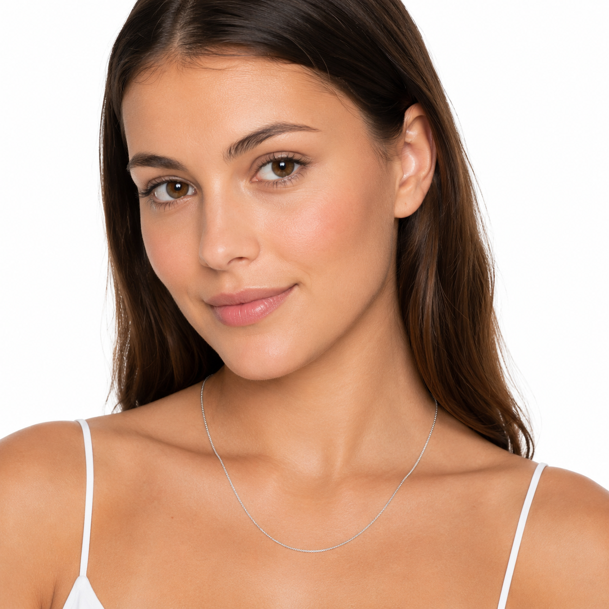 Model Wearing Delicate 14K Gold Box Chain Necklace For Everyday Wear.