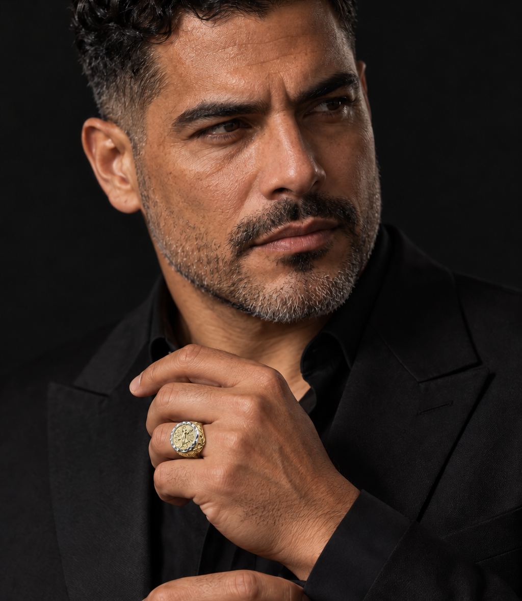 Model showing off yellow gold coin signet ring