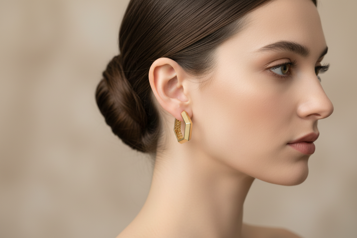 14K yellow gold hexagon hoop earrings with a modern geometric design