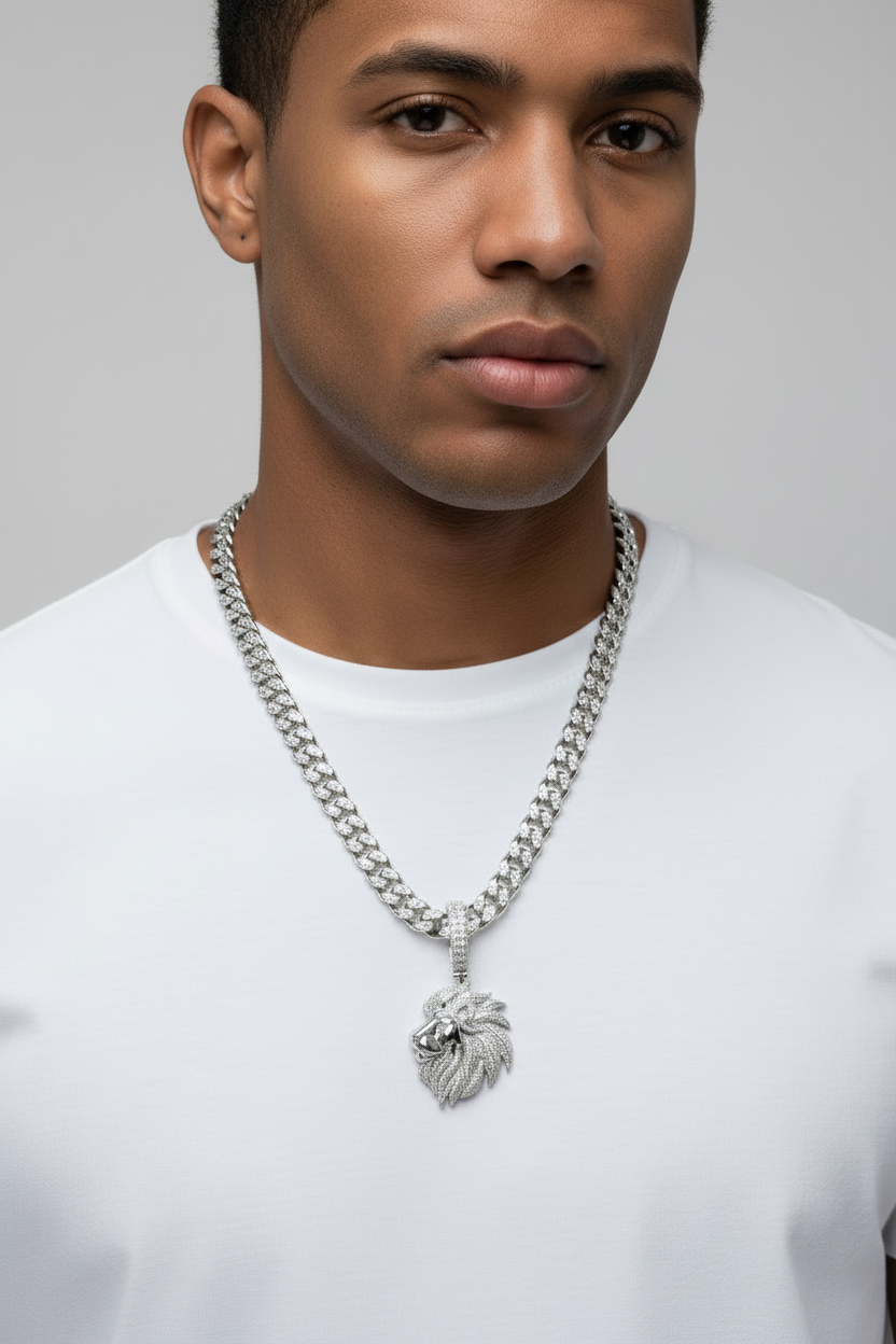 Statement lion head pendant in silver with moissanite symbolizing strength and leadership.