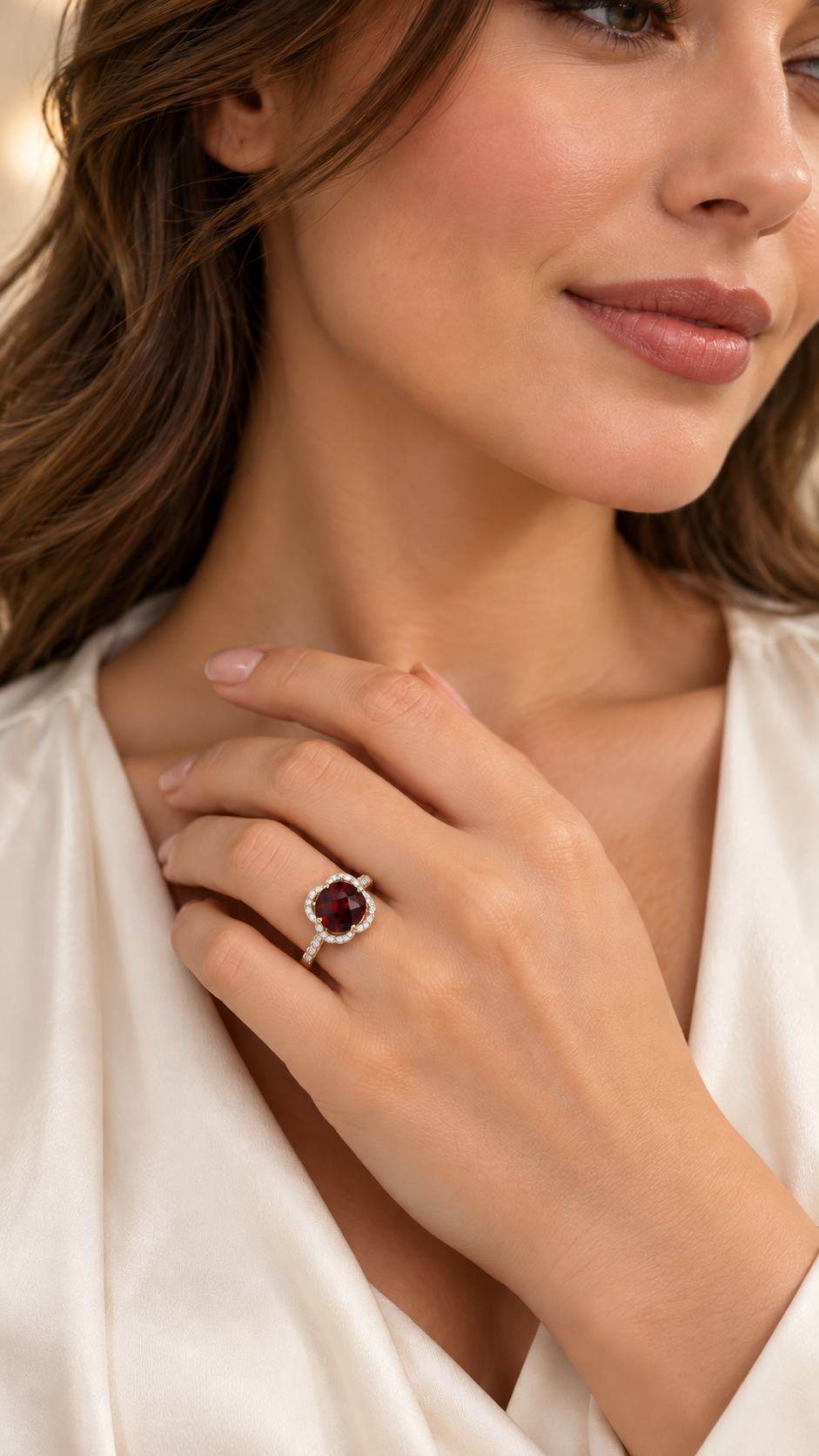 Model wearing 8 mm natural red garnet ring in 14K yellow gold with 0.10 CTW diamonds.