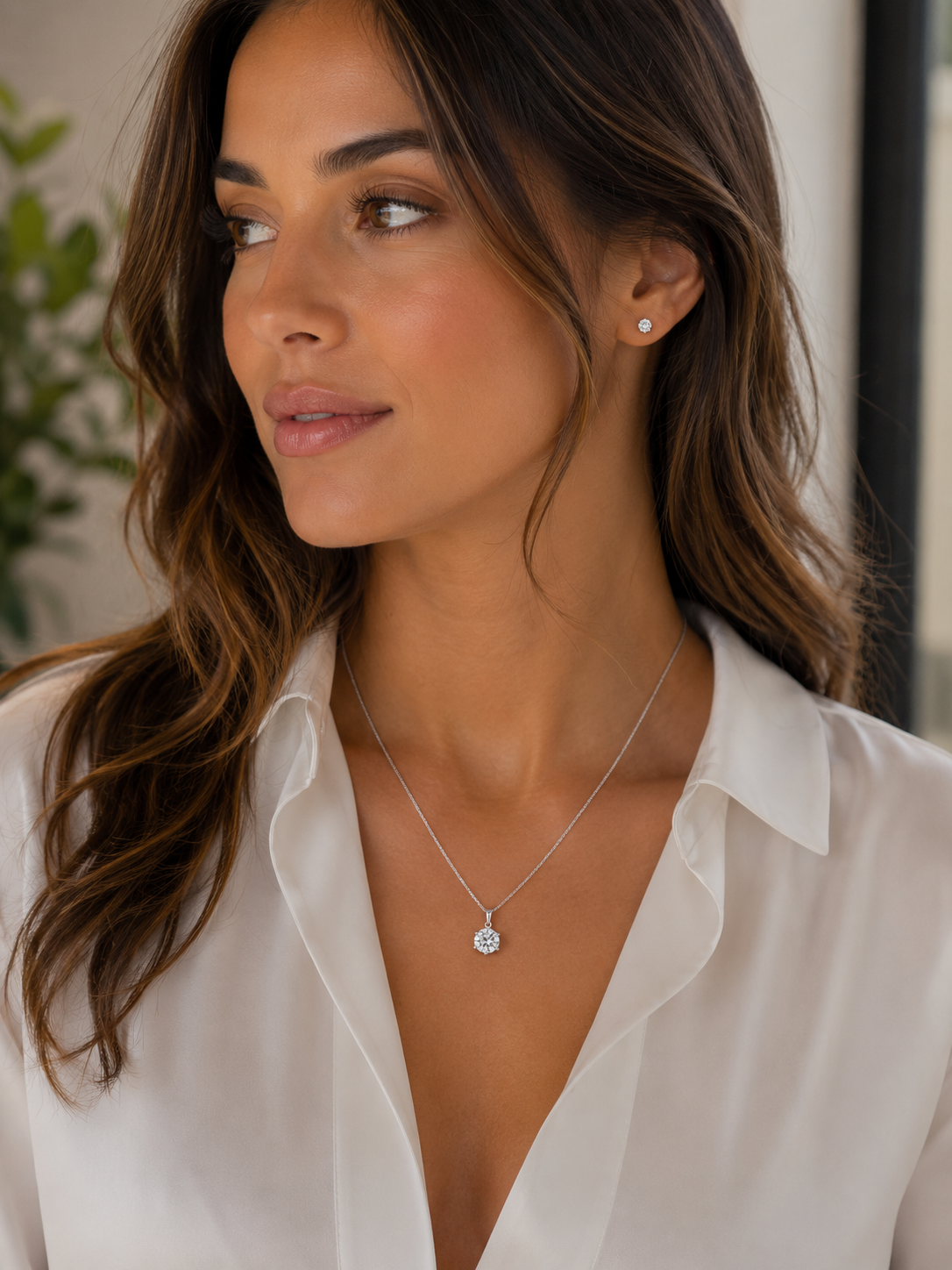 Classic six-prong moissanite pendant suspended from a sterling silver cable chain.