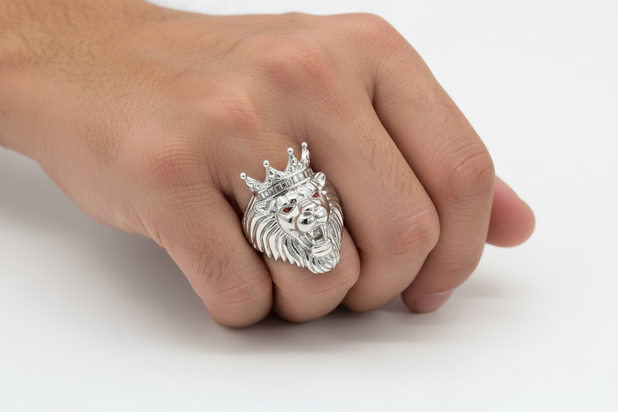 Detailed crowned lion head ring with red eyes and silver finish