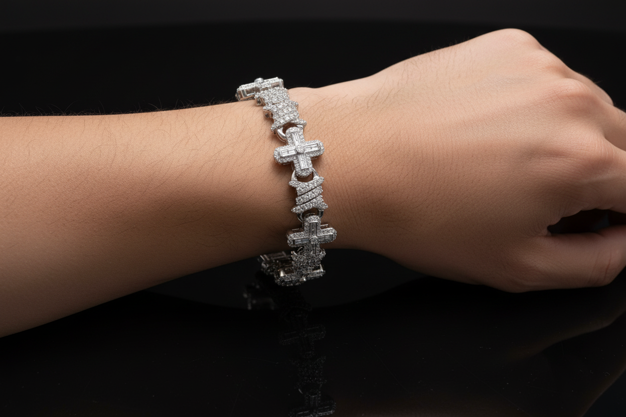 Luxury sterling silver cross bracelet with 5.64 CTW VVS moissanite and secure box clasp