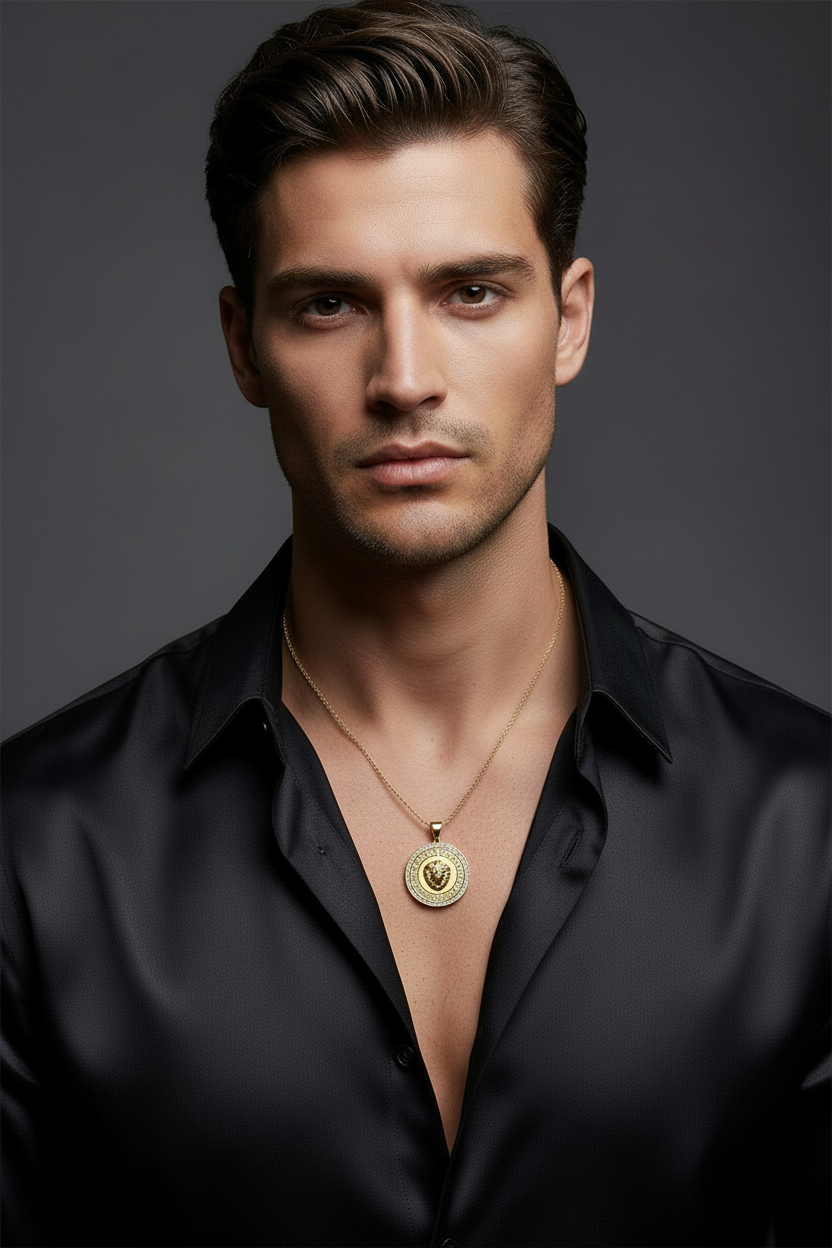 Greek lion head medallion pendant with CZ stones