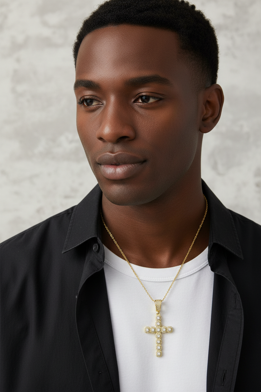 Model Wearing Luxury Moissanite Cross Pendant in Sterling Silver