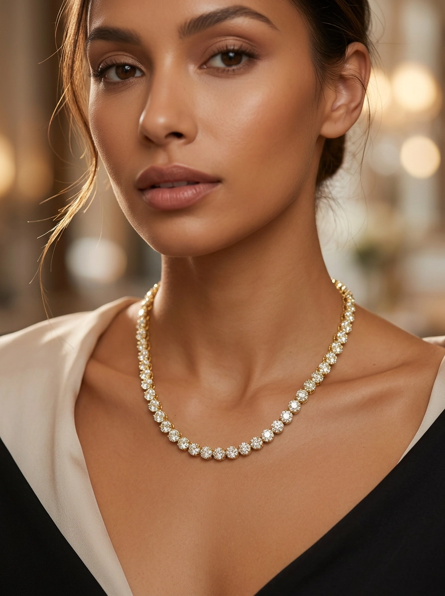Model wearing sterling silver VVS moissanite tennis chain 6mm
