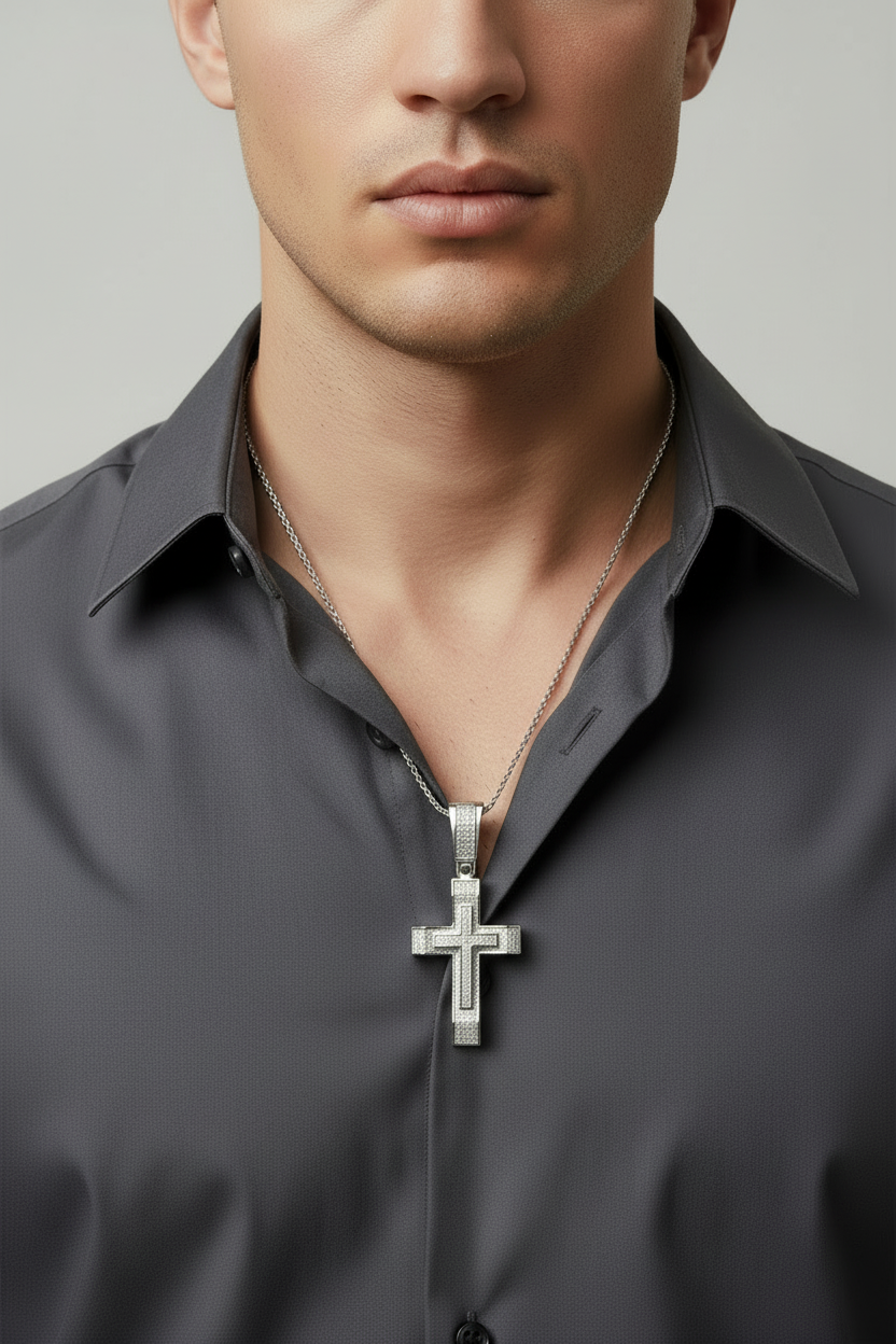 Model Wearing Modern Cross Pendant in 925 Sterling Silver