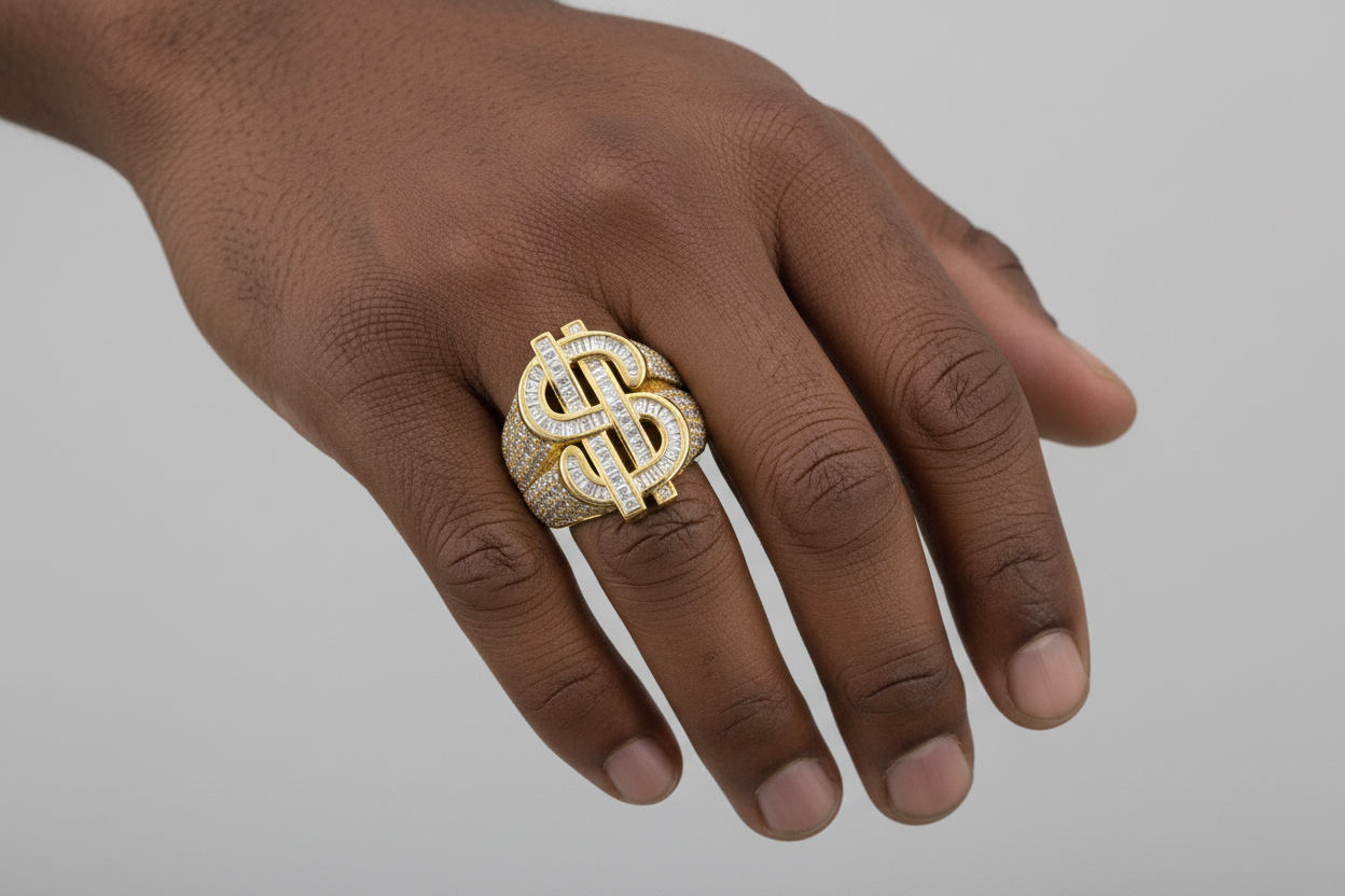 Iced-out dollar sign ring with VVS moissanite brilliance