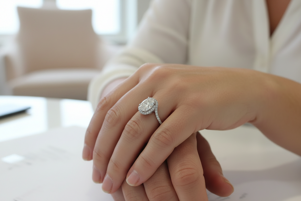 Hand model wearing a white gold halo ring featuring an E color, VS1 clarity oval lab-grown center diamond.