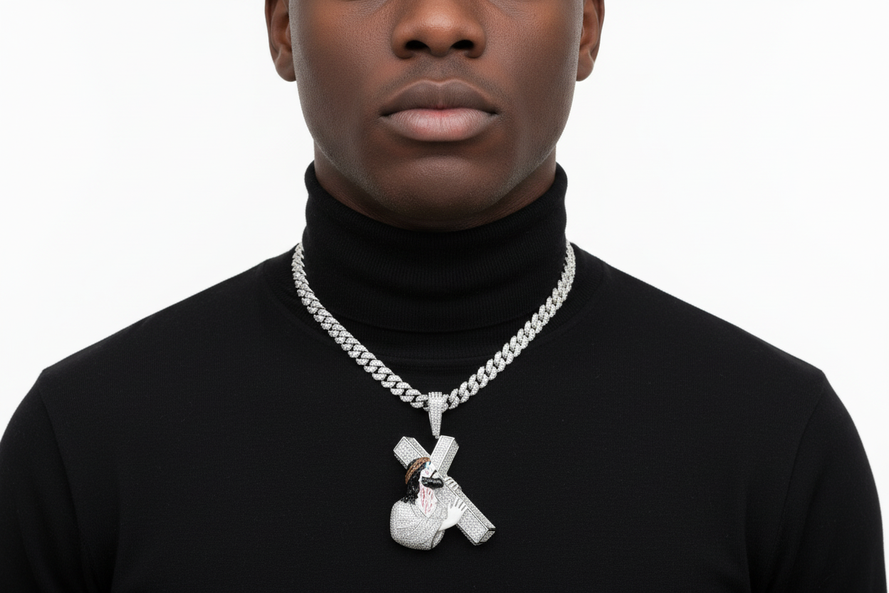 Jesus carrying the cross moissanite pendant crafted in sterling silver.